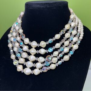 Cocktail - Vintage 1950s Ivory Contoured Faux Pearl Lucite 5 Strand Necklace